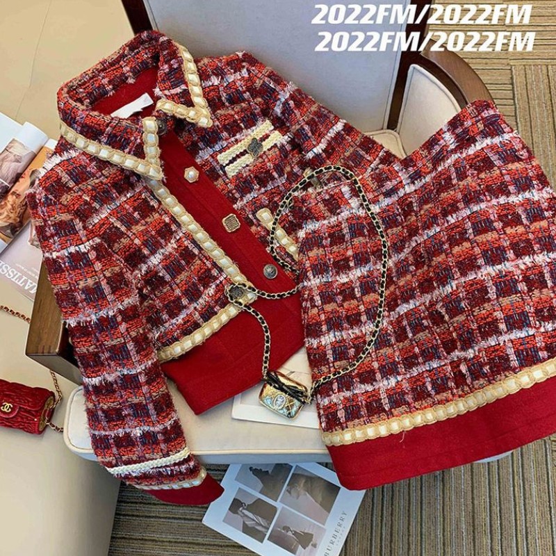 Winter Clothing Line - Women Elegant Tweed Red Suit Jackert